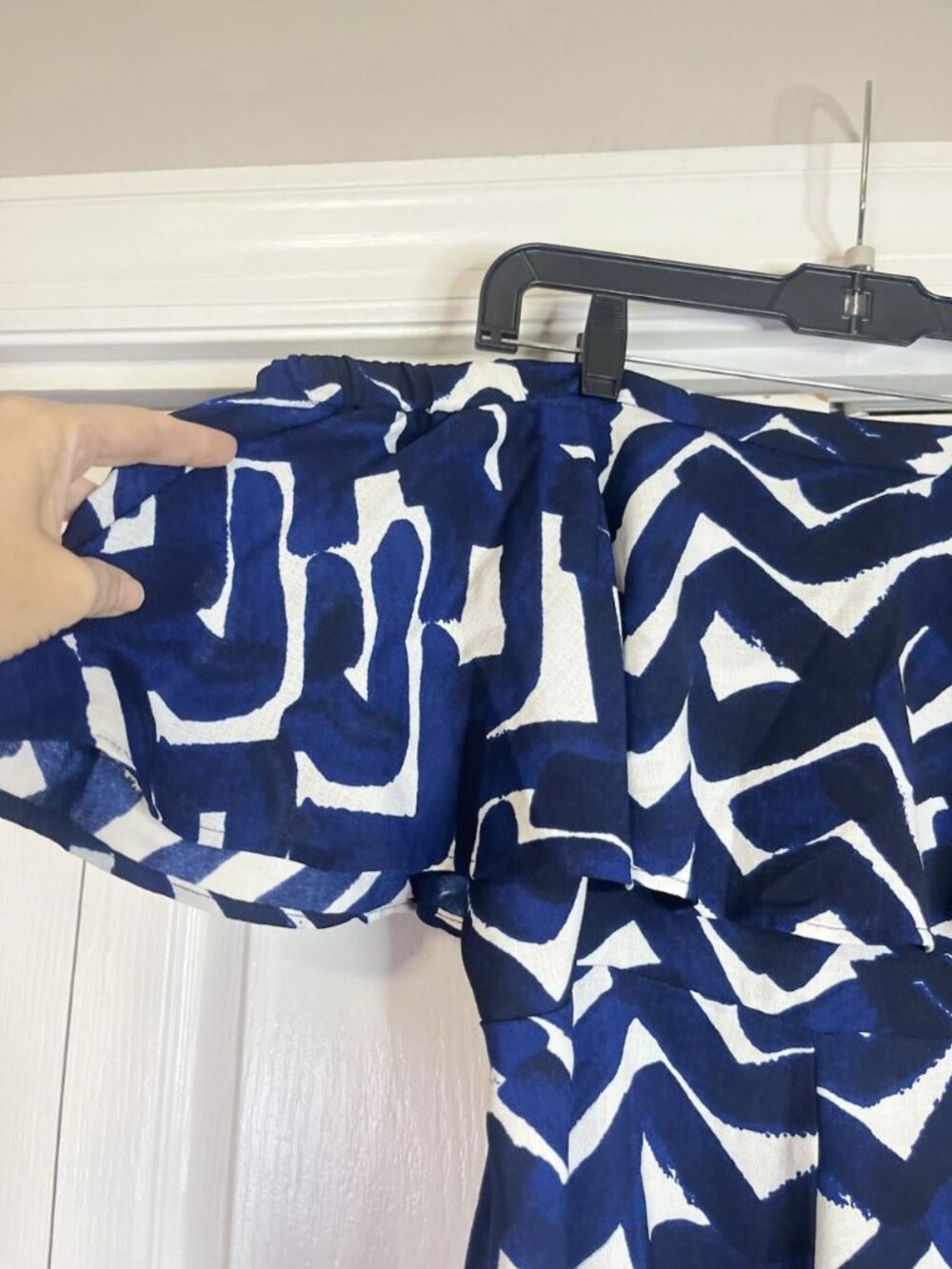 Flying Tomato Off The Shoulder Romper Sz L Abstract Blue Black Ruffled Elastic - Picture 3 of 9